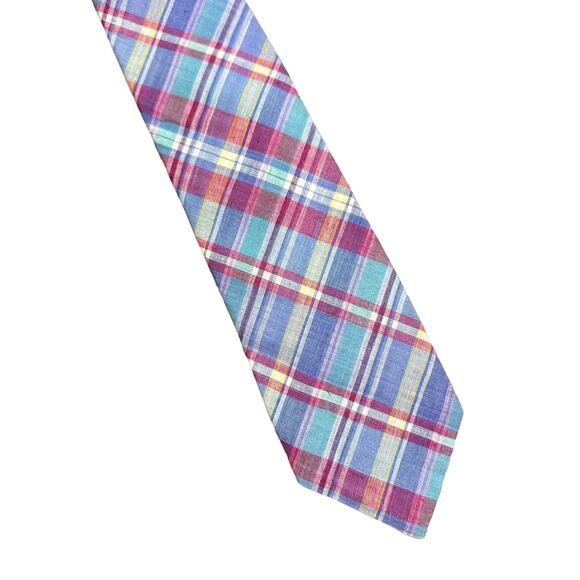 Boston Traders Madras Plaid Tie Cotton Y2K Blue Pink Preppy Spring Easter - Picture 2 of 4
